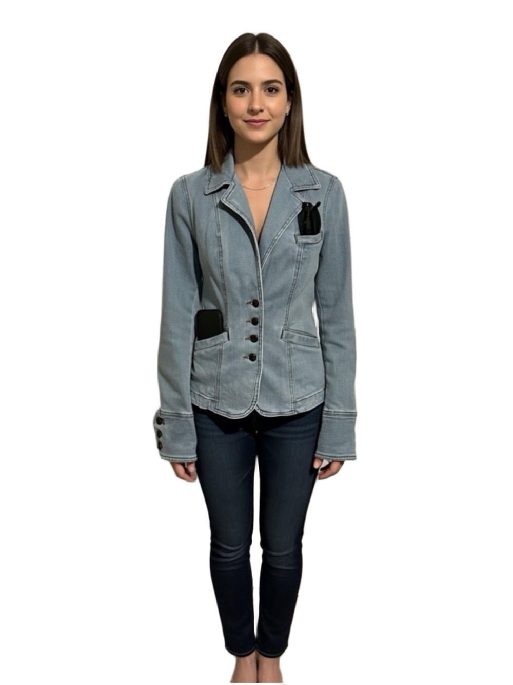 Vintage Y2K Frankie B. Light Wash Denim Blazer Jacket Size XS/2 Made in USA RARE